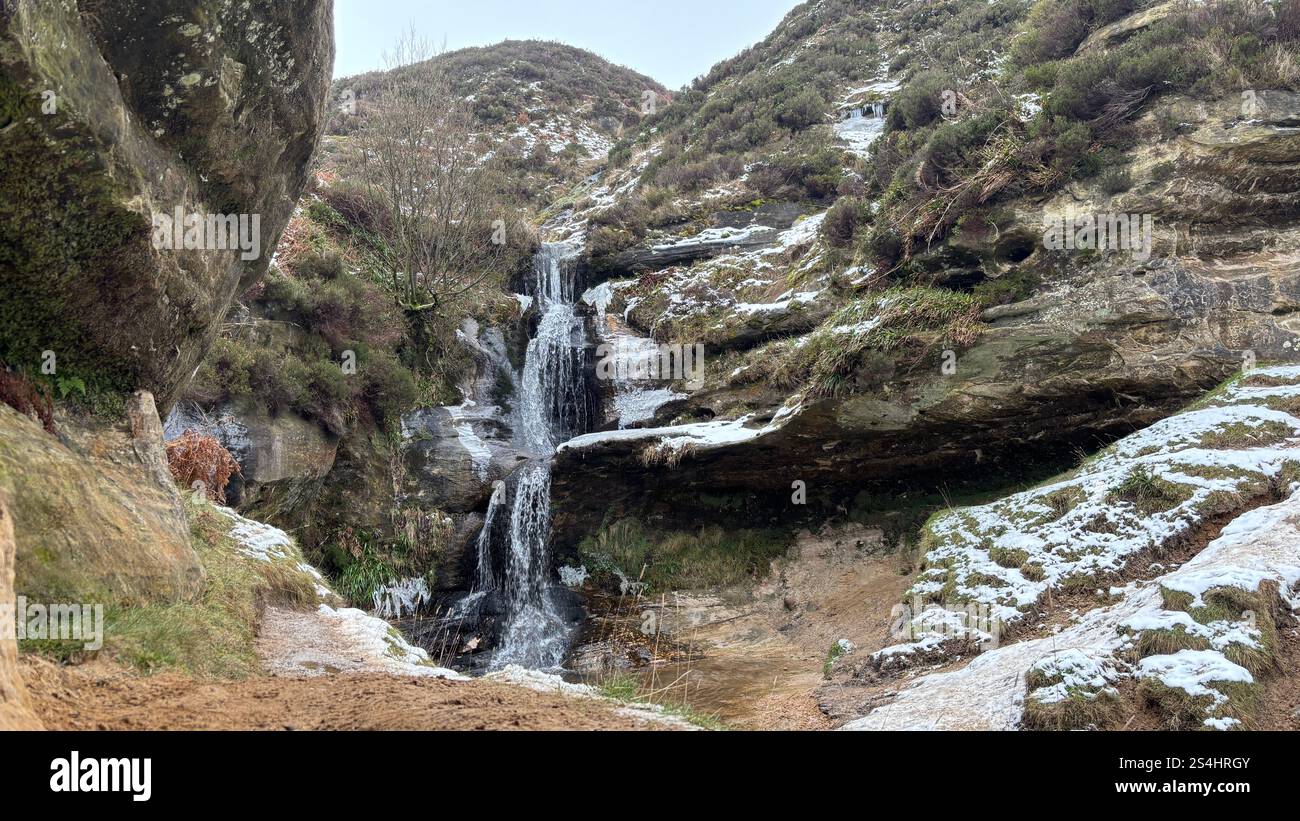 Glen Vale Waterfalls in the heart of Scotland. Glen Vale between East and West Lomond hills. Ice and snow in winter - Smartphone Captured Stock Image