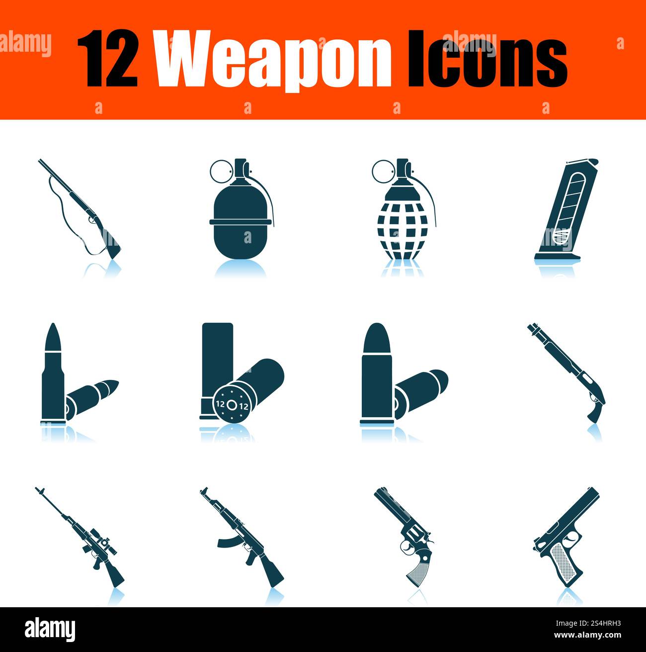 Set of 12 icons on Weapon theme. Blue Shadow Reflection Design. Fully ...
