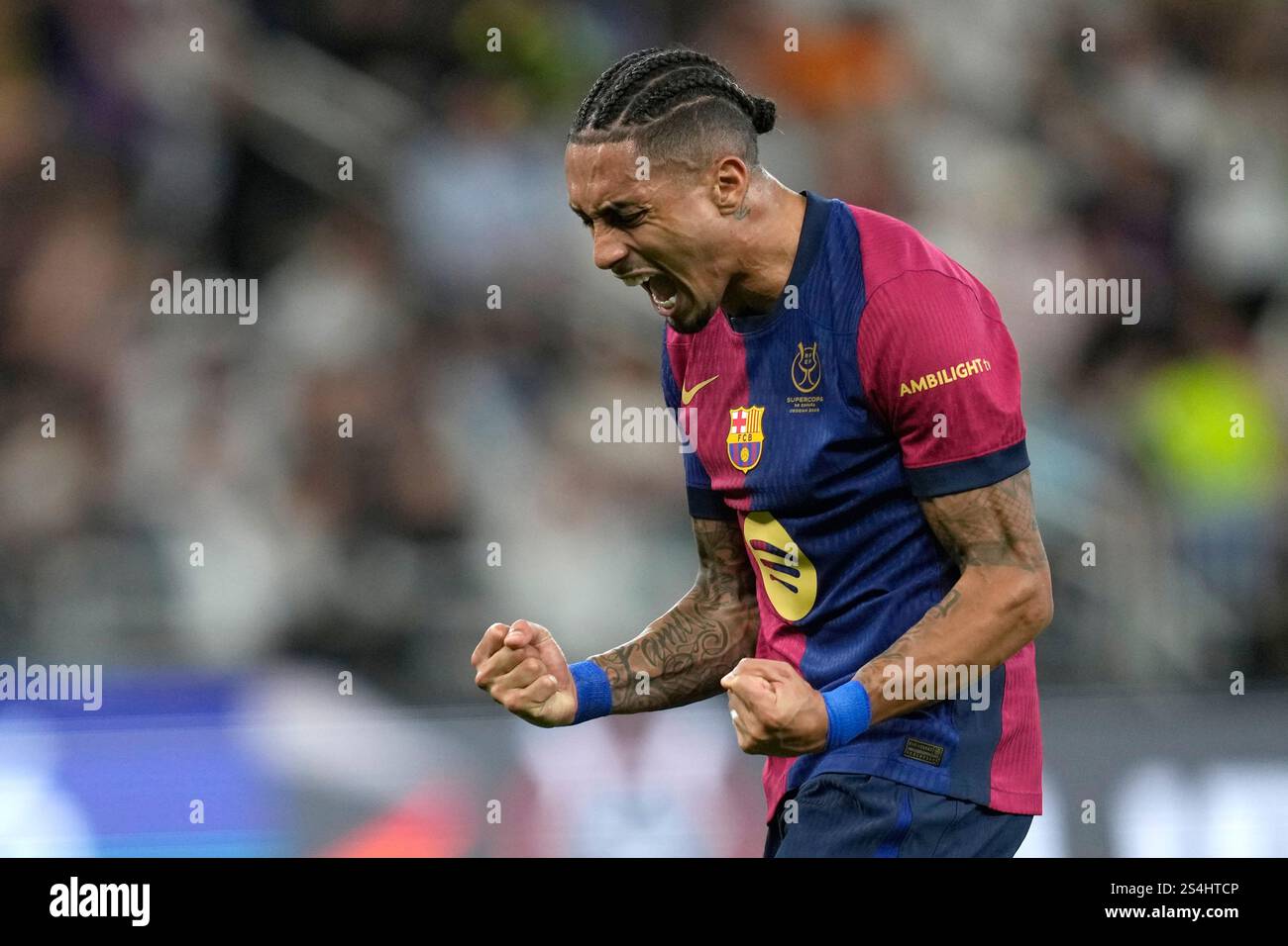 Barcelona's Raphinha reacts during the Spain Super Cup final soccer