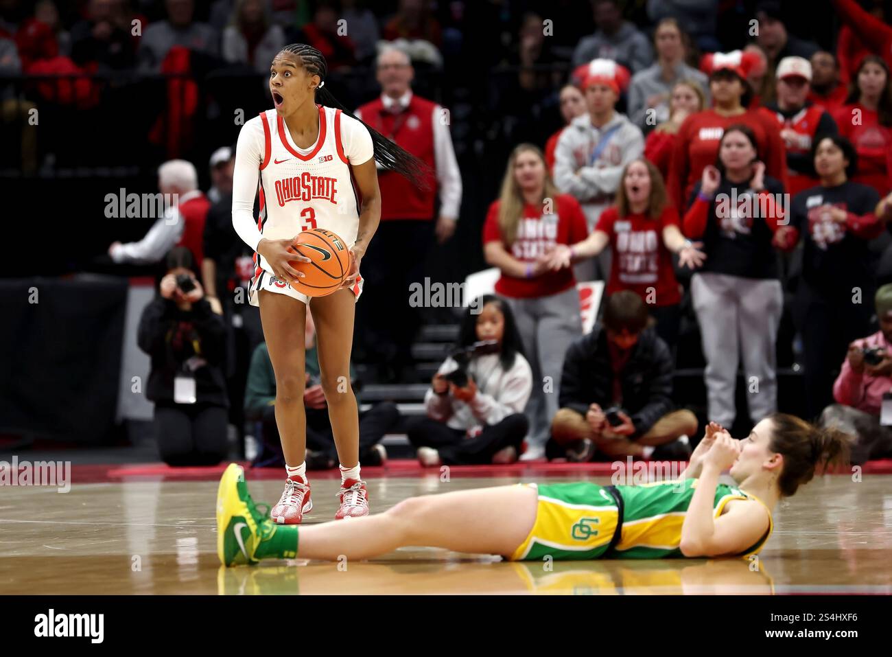 Ohio State guard Kennedy Cambridge (3) reacts after getting called for ...