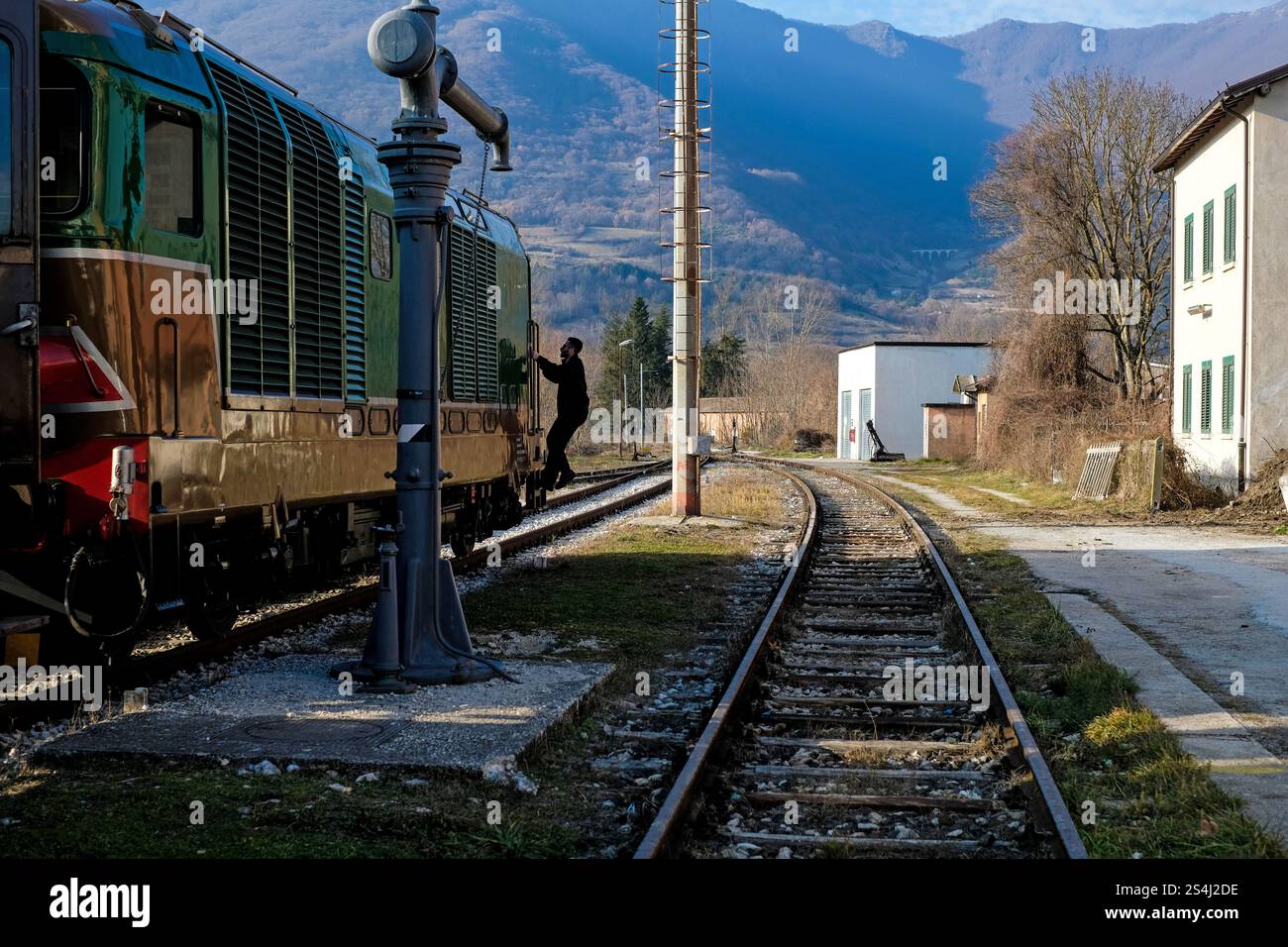 An old train at Castel di Sangro station in Castel di Sangro, Italy Stock Photo