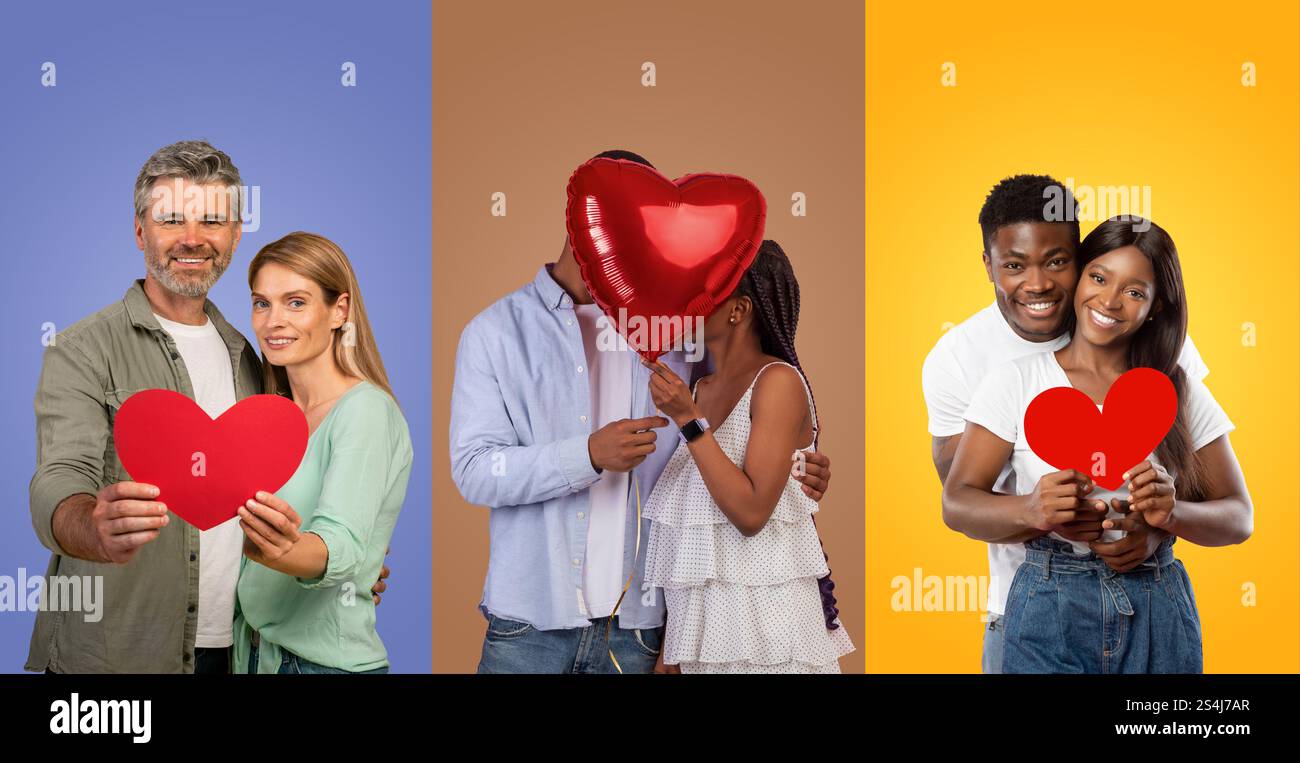 Happy couples celebrating love in a colorful collage for Valentine's ...