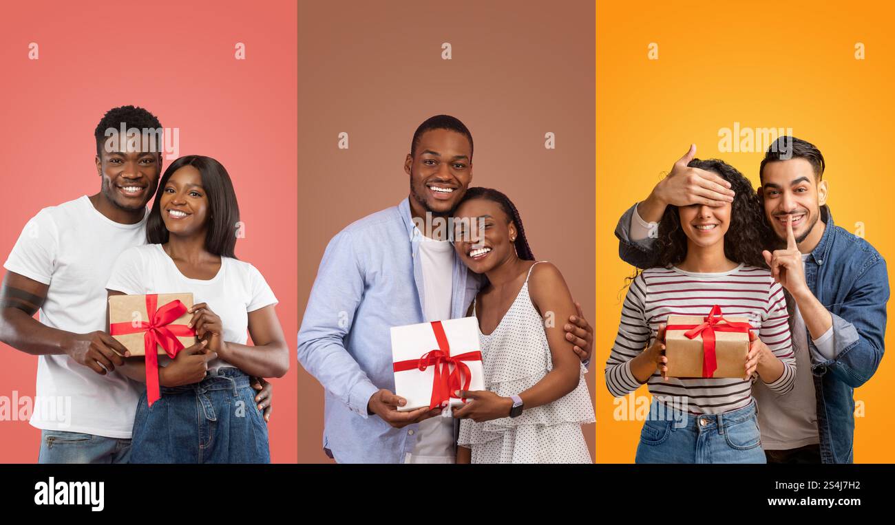 Happy couples celebrating love with gifts on Valentine's Day Stock ...