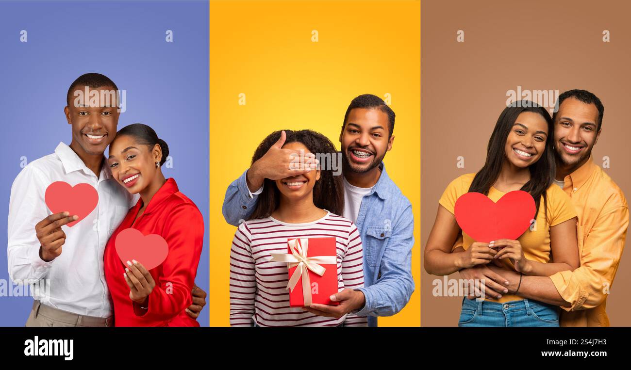 Diverse couple celebrating love with joyful gestures on St. Valentines ...