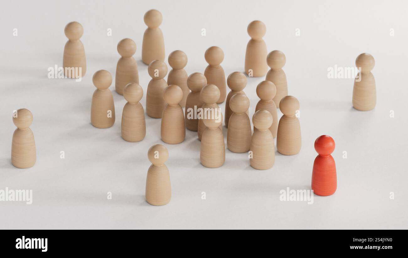 Horseshoe magnet attracting pawns. Concept of inbound marketing. Attraction, engagement and conversion of new leads. 3D rendering on white background. Stock Photo