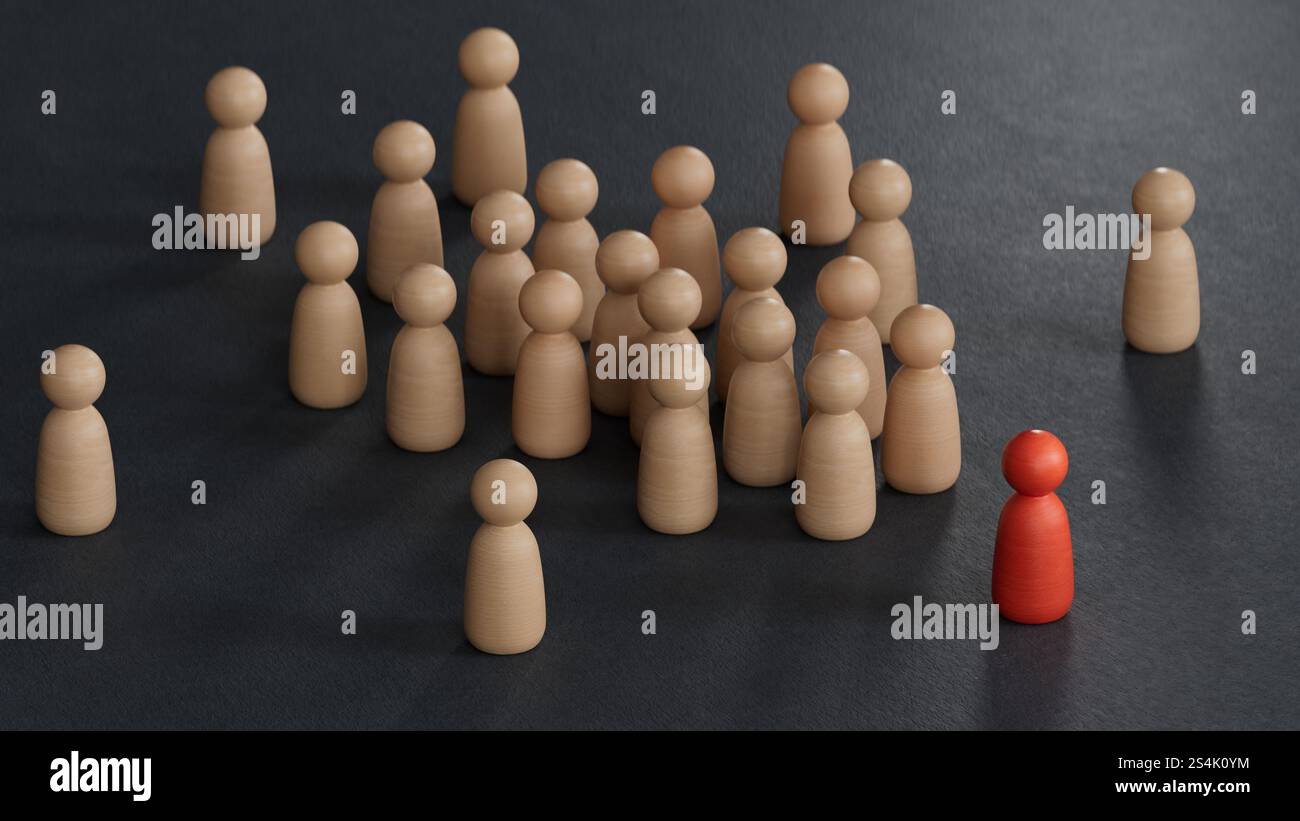 Horseshoe magnet attracting pawns. Concept of inbound marketing. Attraction, engagement and conversion of new leads. 3D rendering on black background. Stock Photo