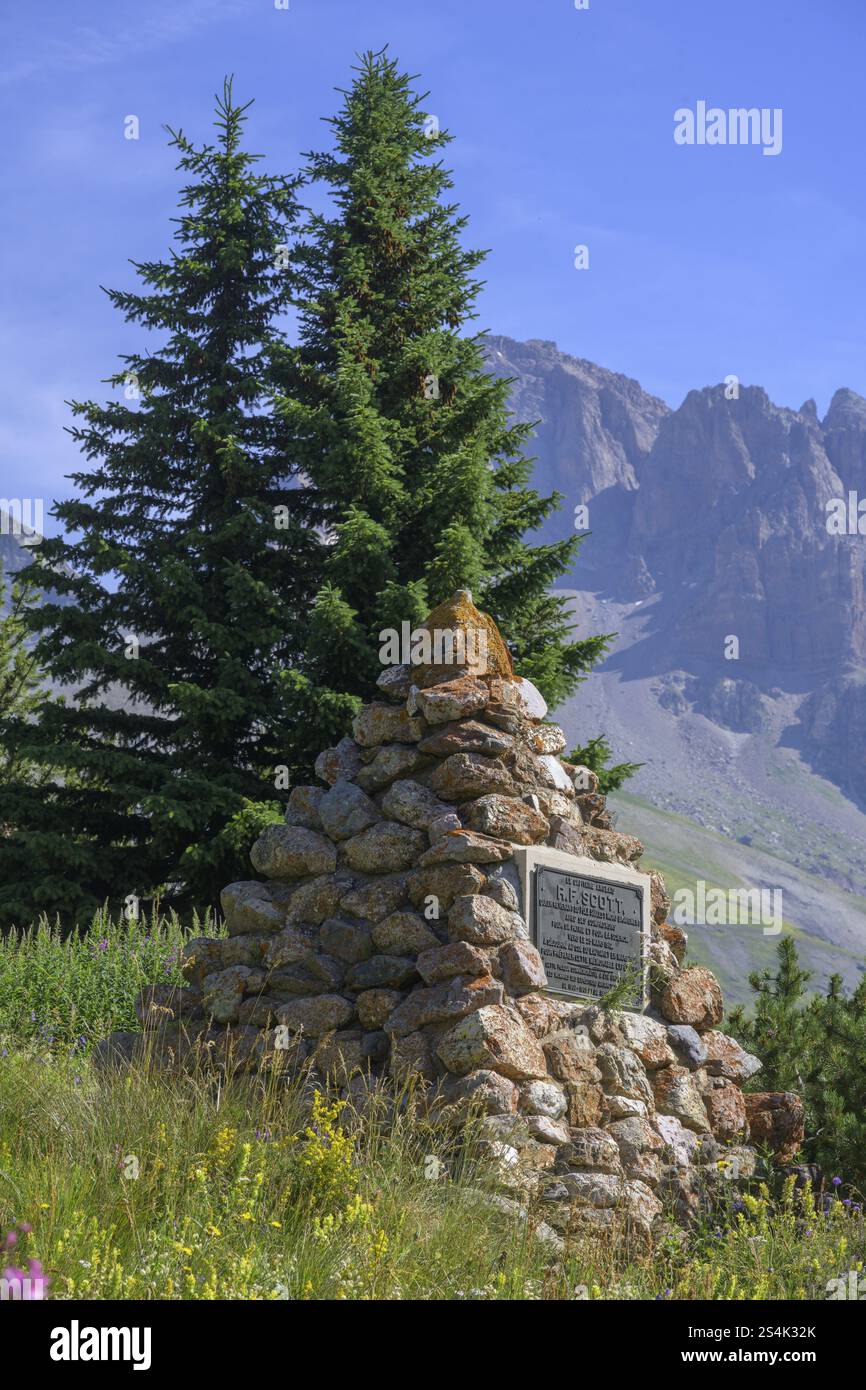 Monument to the polar explorer R.F. Scott in the botanical garden Jardin du Lautaret, Villar-d'Arene, Departement Hautes-Alpes, France, Europe Stock Photo