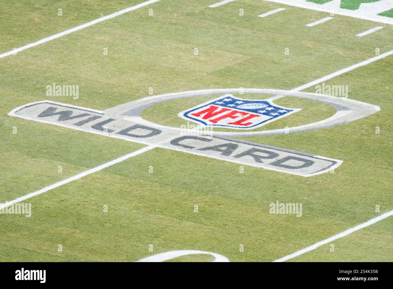 The NFL Wild Card logo on the field before an NFL wildcard playoff