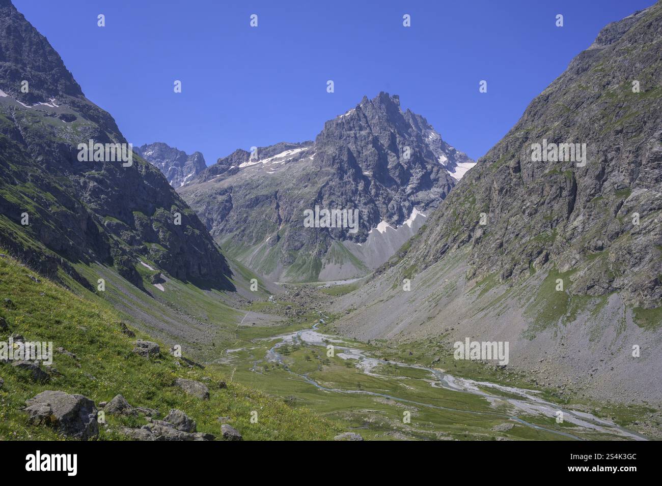 View of the source valley of the Romanche, Villar-d'Arene, Departement Hautes-Alpes, France, Europe Stock Photo