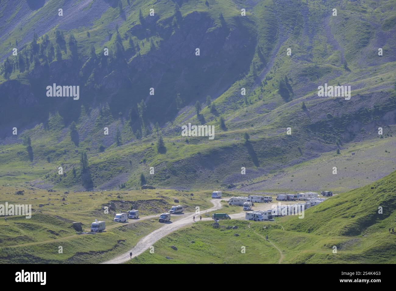 Car park with camper at the Lautaret Pass, Villar-d'Arene, Departement Hautes-Alpes, France, Europe Stock Photo