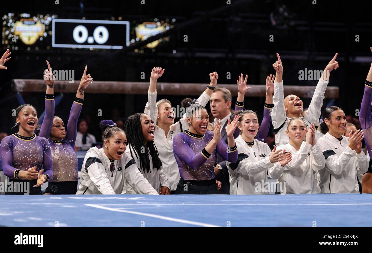 January 11, 2025: The LSU women's gymnastics team cheers on a teammate ...