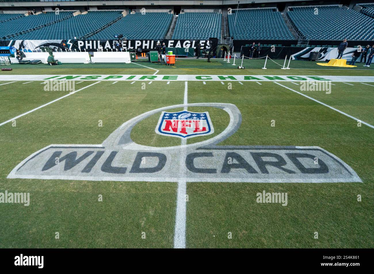The NFL Wild Card logo on the field before an NFL wildcard playoff