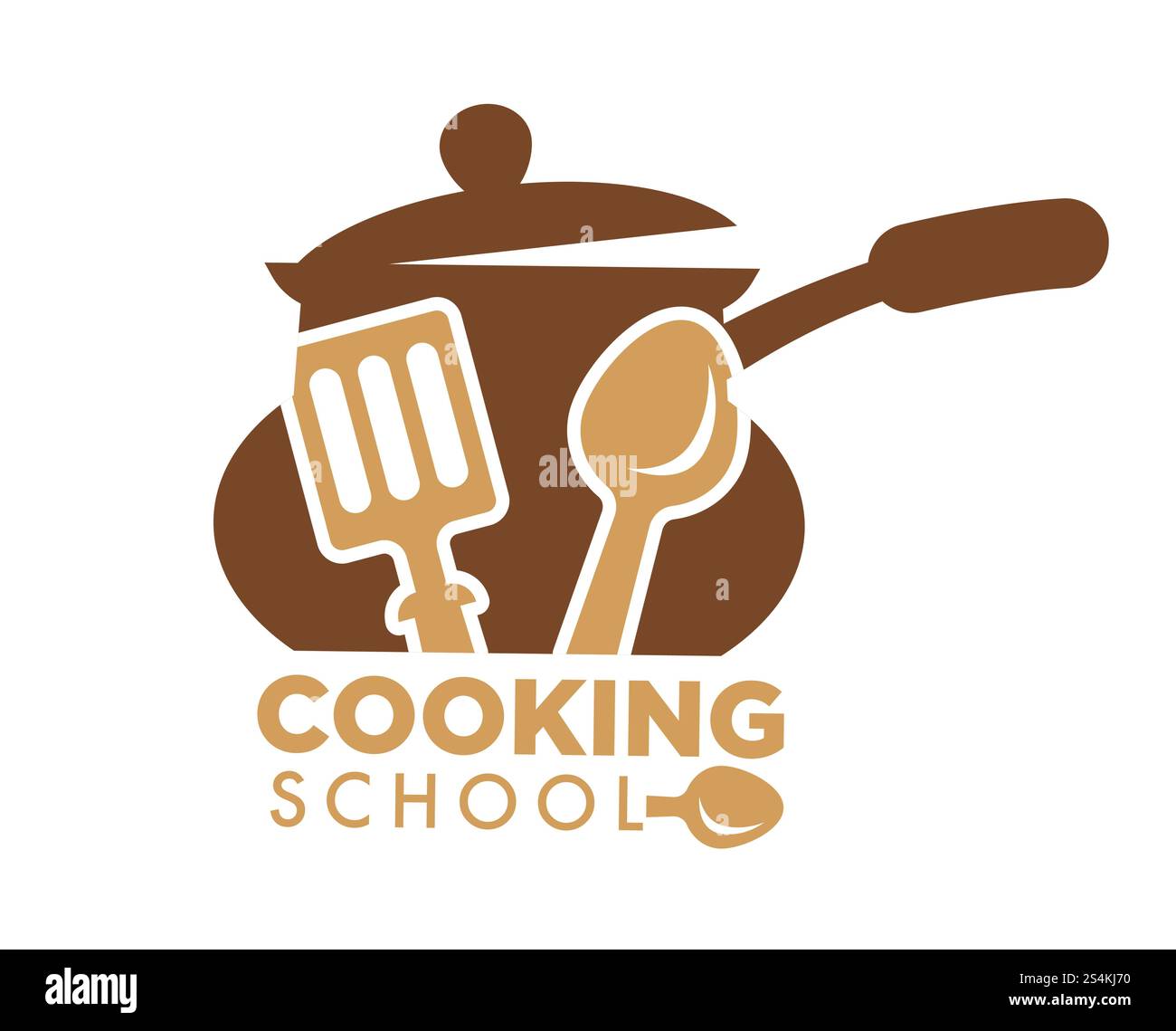 Library Cooking Program Logo Cooking school promotional emblem with capacious saucepan with long ...