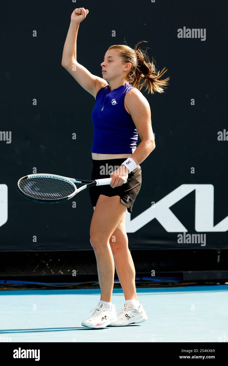 Melbourne, Australia. 13th Jan, 2025. Tennis: Grand Slam - Australian Open, women's singles, 1st round. Niemeier (Germany) - Chwalinska (Poland). Maja Chwalinska celebrates after winning her only game in the second set 1:3. Credit: Frank Molter/dpa/Alamy Live News Stock Photo