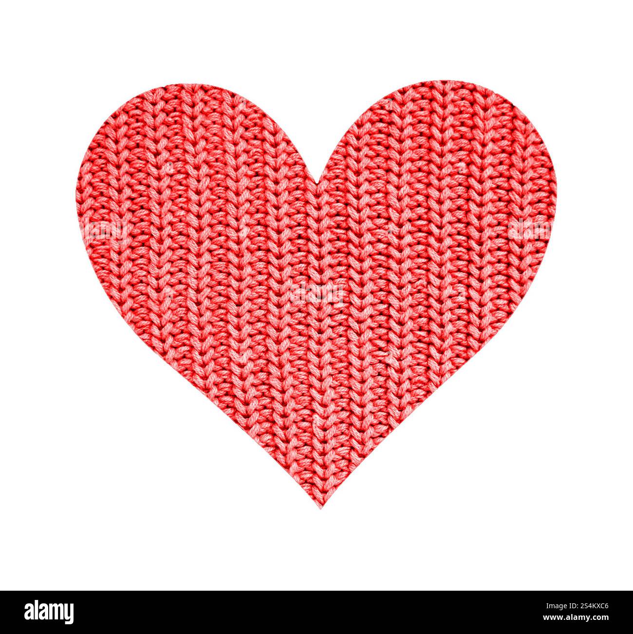 The heart is filled with a knitted texture. Red color. Isolated on ...