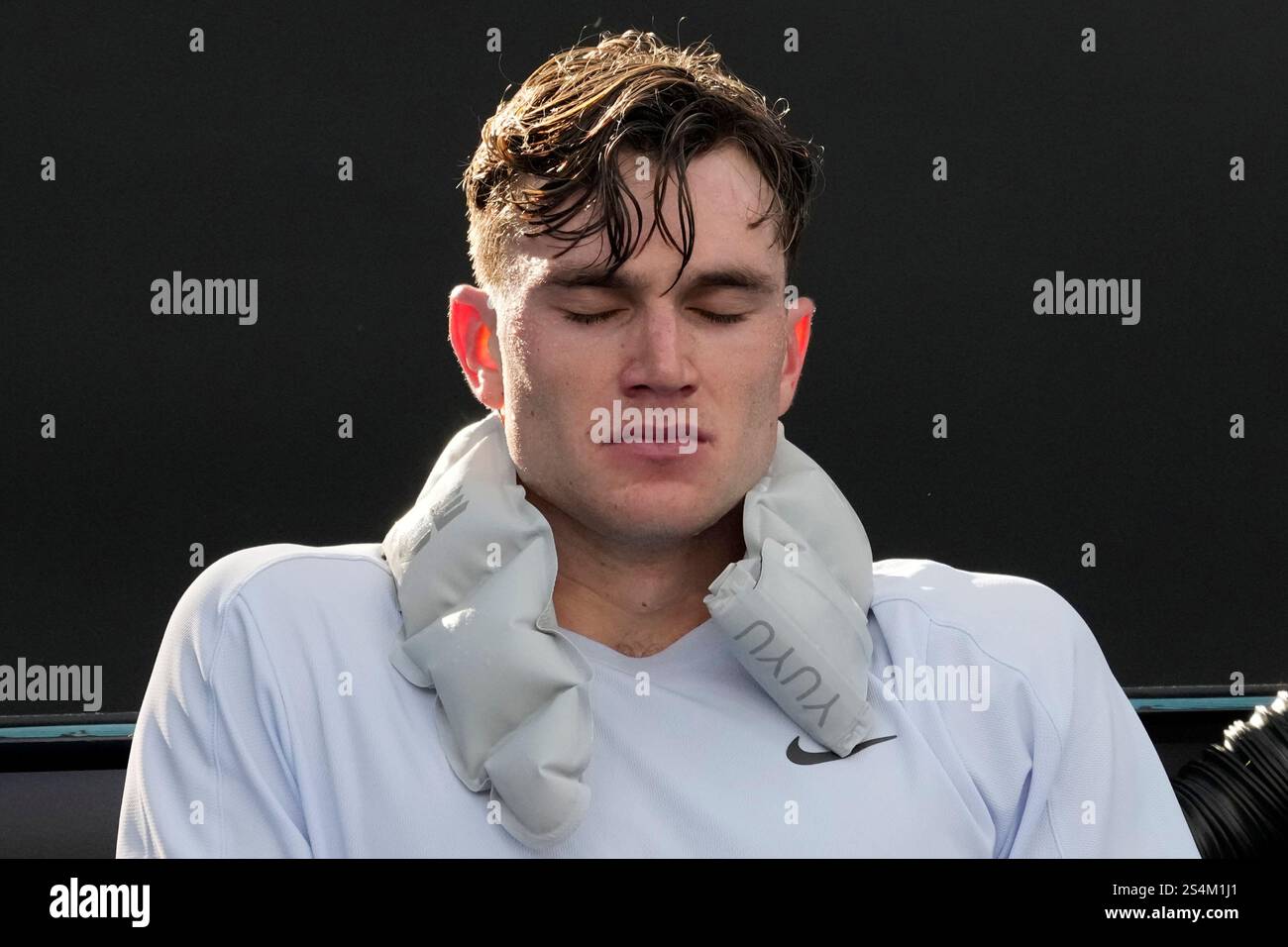 Jack Draper of Britain rests between games during his first round match