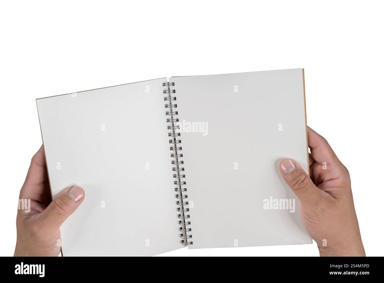 Hand holding a blank white hard cover book, cut out. Close up of two hands holding a blank paper, showcasing its empty pages. Isolated on transparent Stock Photo