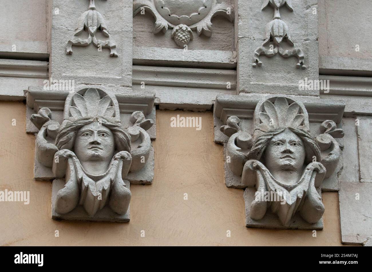 Details of stone carvings on Hotel Terminus, Cahors, Lot department, France, Cahors, Lot department, France Stock Photo