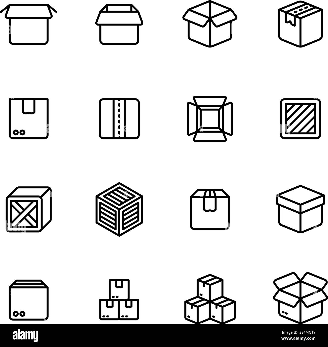 Paper and wood box line icons. Shipping packing outline vector ...