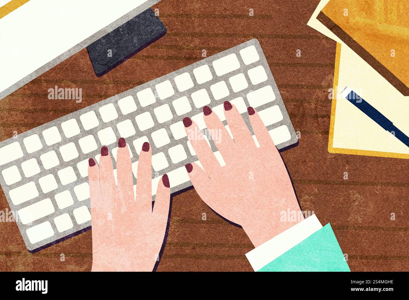 A creative illustration of hands with painted nails typing on a white keyboard, set on a wooden desk with office accessories Perfect for business, pro Stock Photo