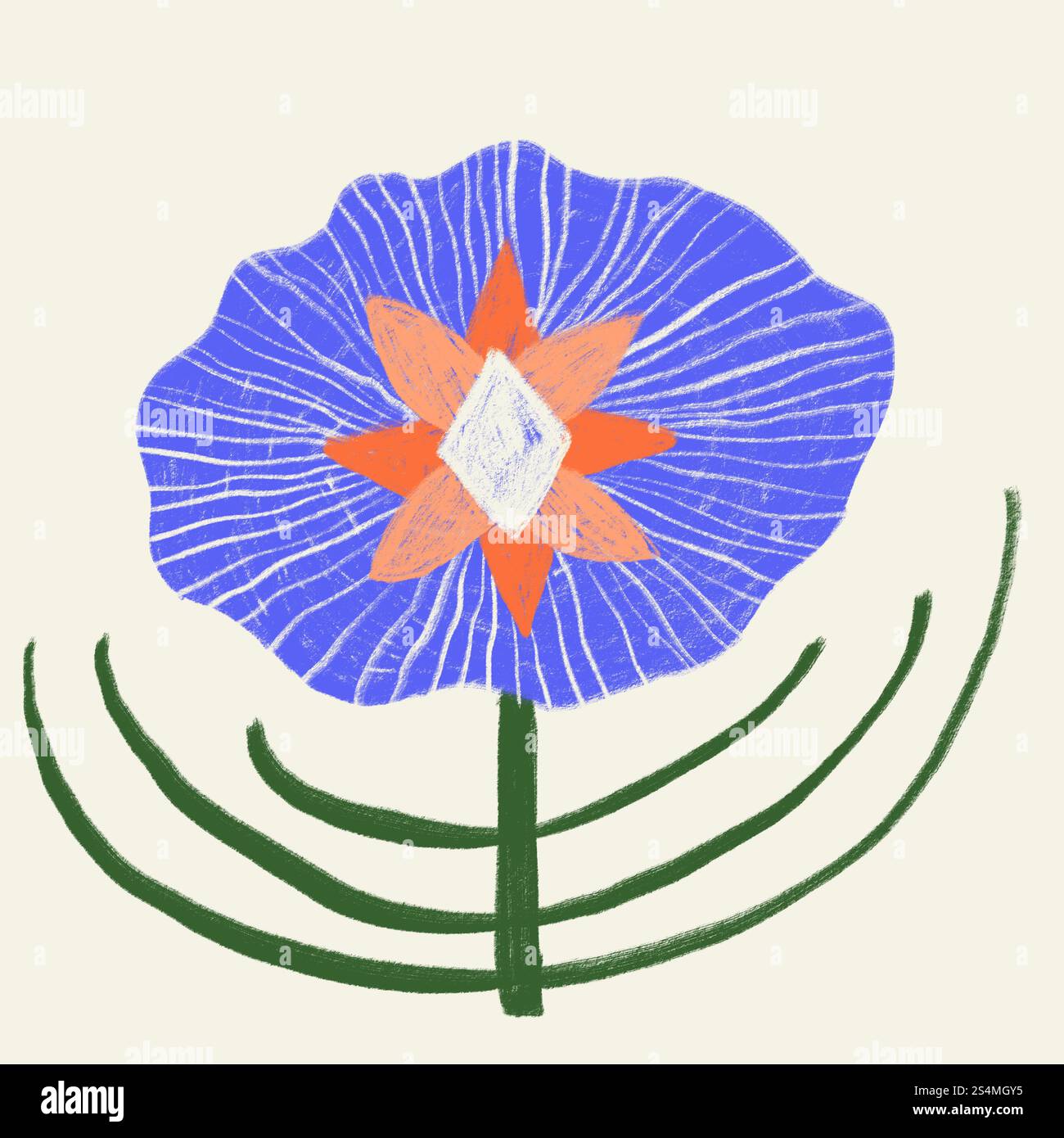 A vivid digital illustration of a spring flower, featuring a large blue petal with textured lines and a bright orange center, set against a muted back Stock Photo