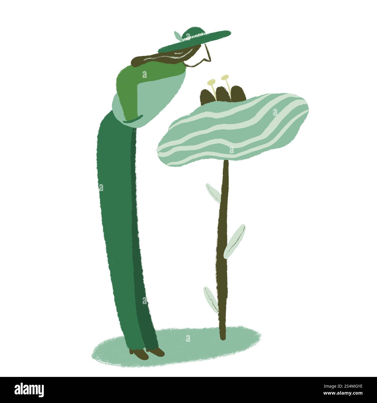 A minimalist illustration of a figure with a hat interacting with a large, abstract green flower The simple color palette emphasizes harmony and natur Stock Photo