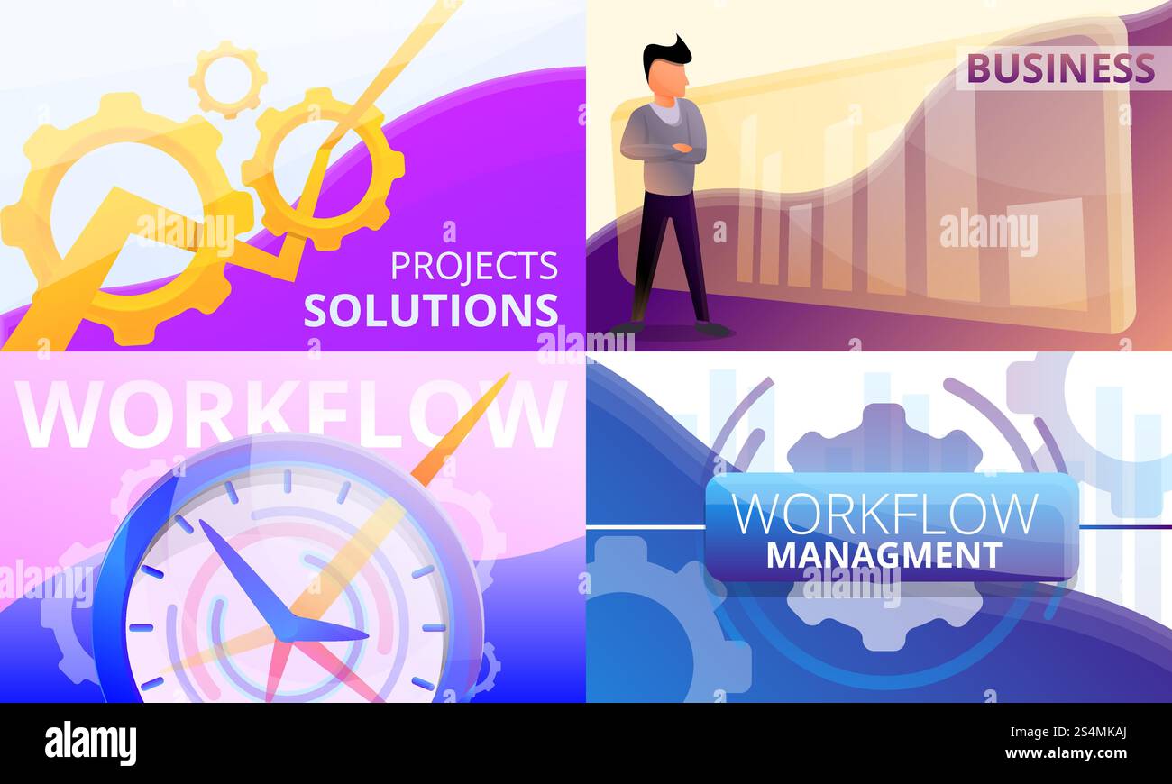 Workflow management banner set. Cartoon illustration of workflow ...