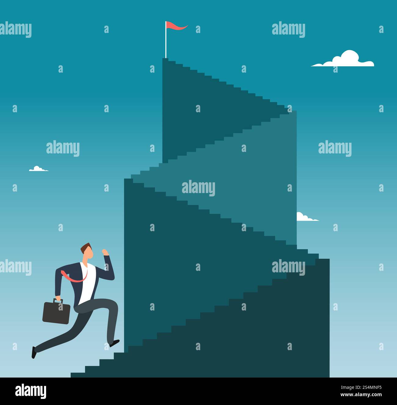 Professional man running up stairway to mountain peak. Business sucess ...