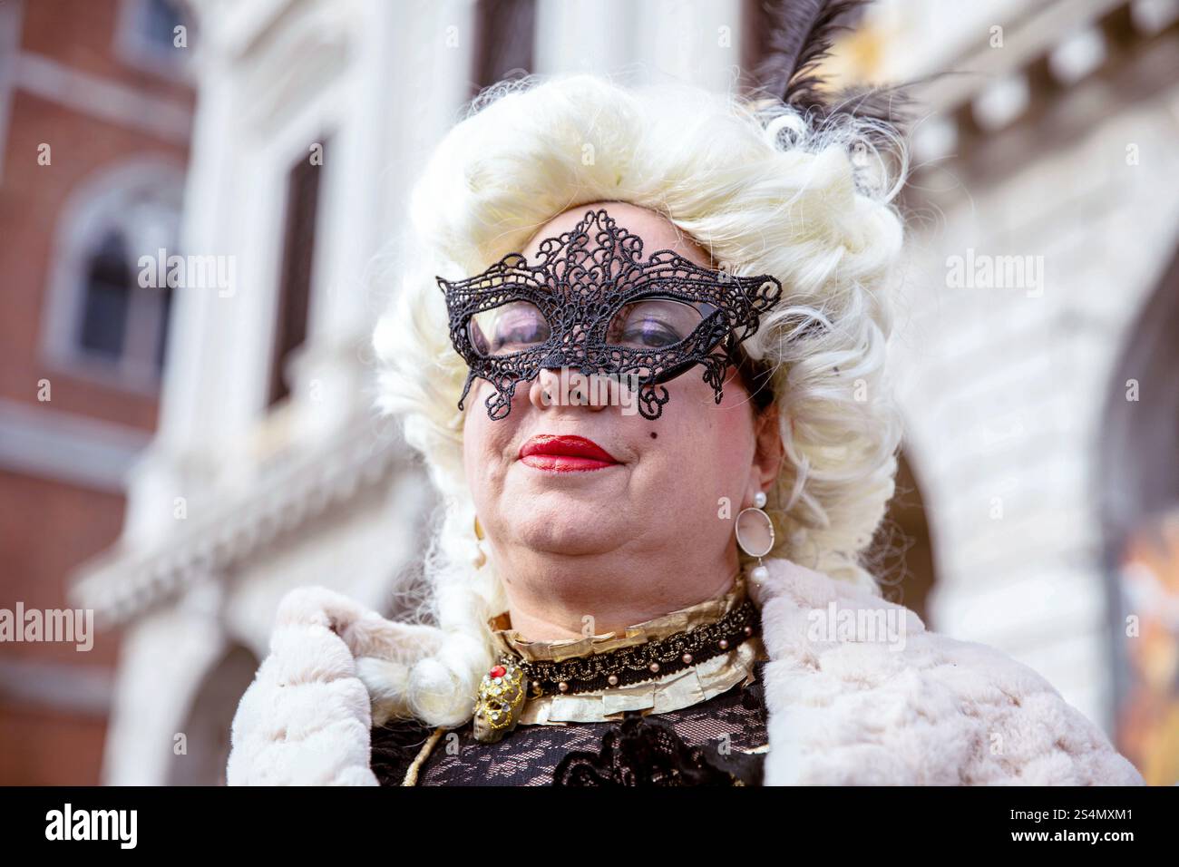 Elegant caucasian mature woman in masquerade mask at ca Stock — free download