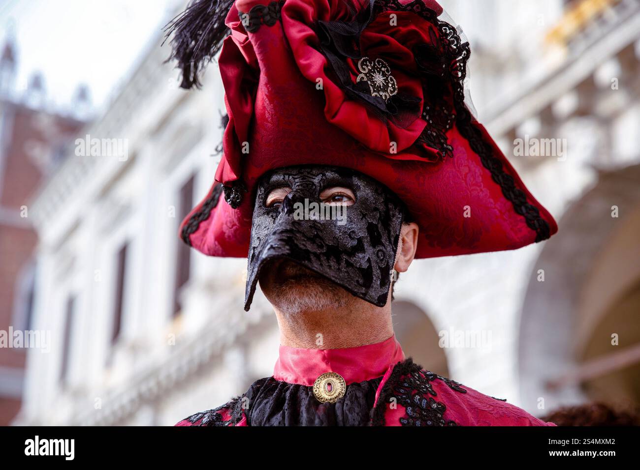 Caucasian male in ornate venetian mask and costume at carnival Stock Photo