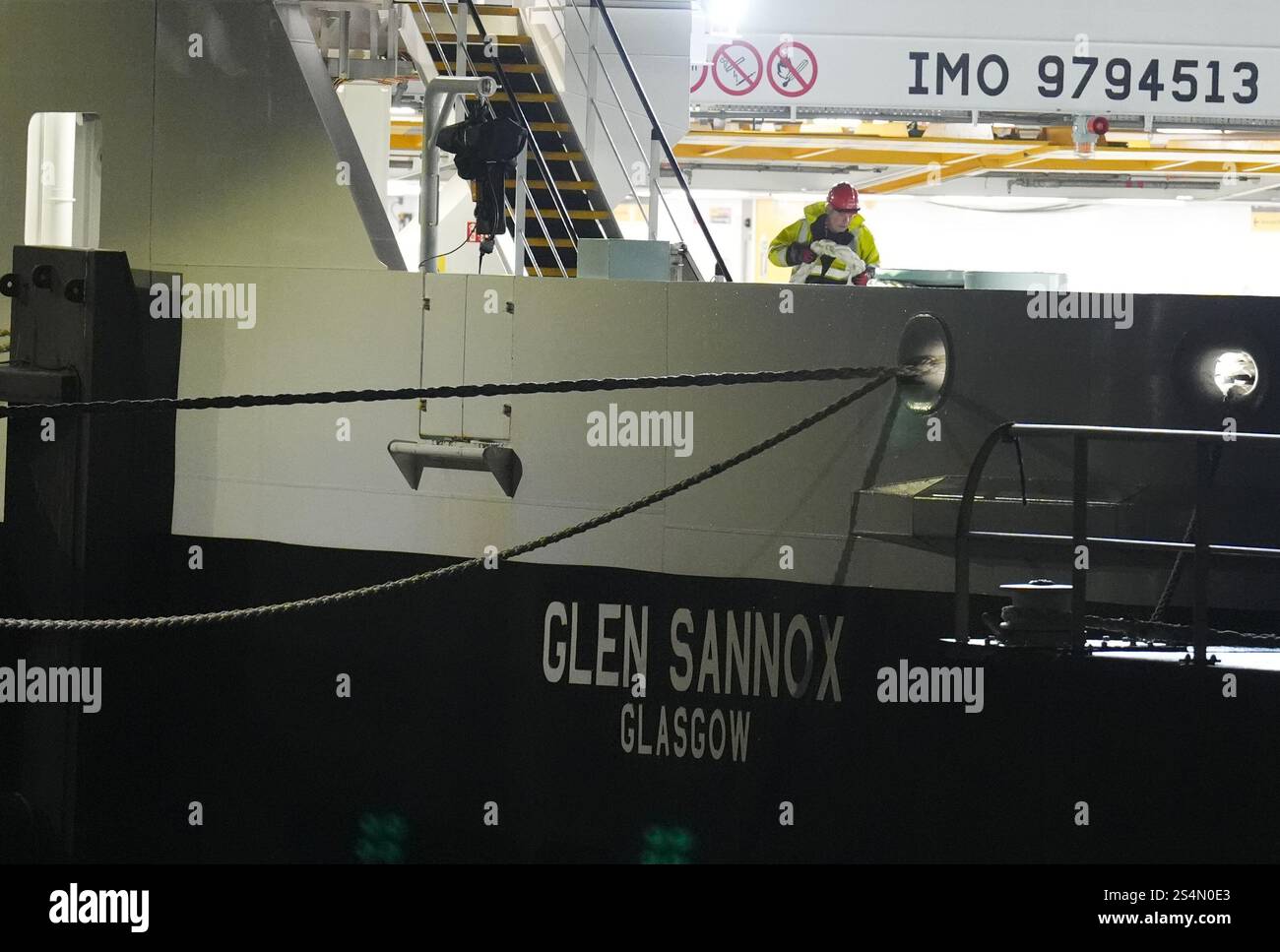 Staff on board The Glen Sannox ferry in Troon as it heads to Brodick on