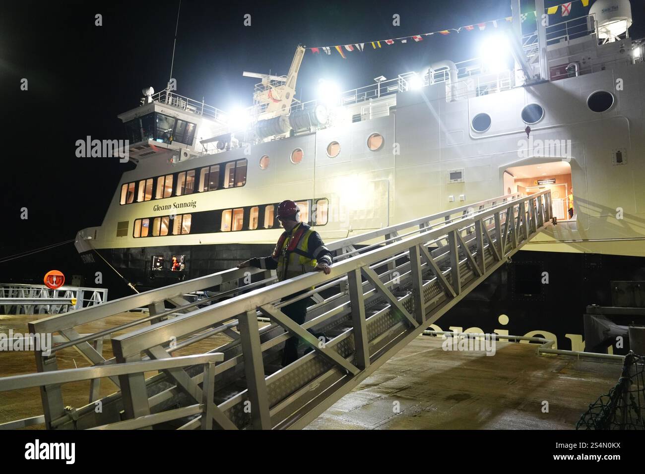 Staff on board The Glen Sannox ferry in Troon as it heads to Brodick on