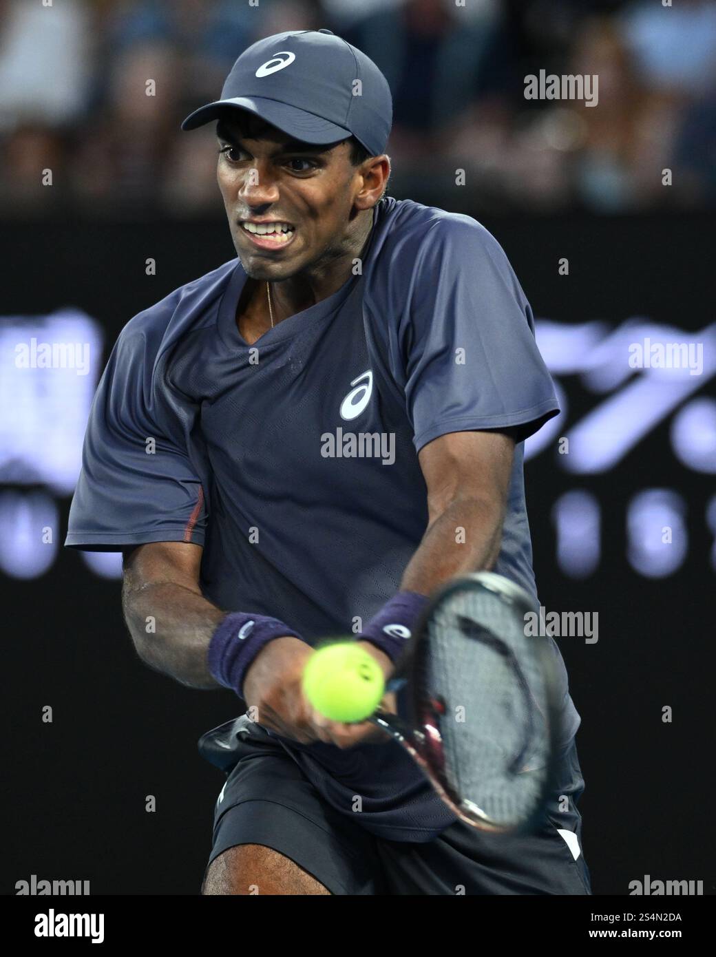 Nishesh Basavareddy of USA in action during his round 1 match against