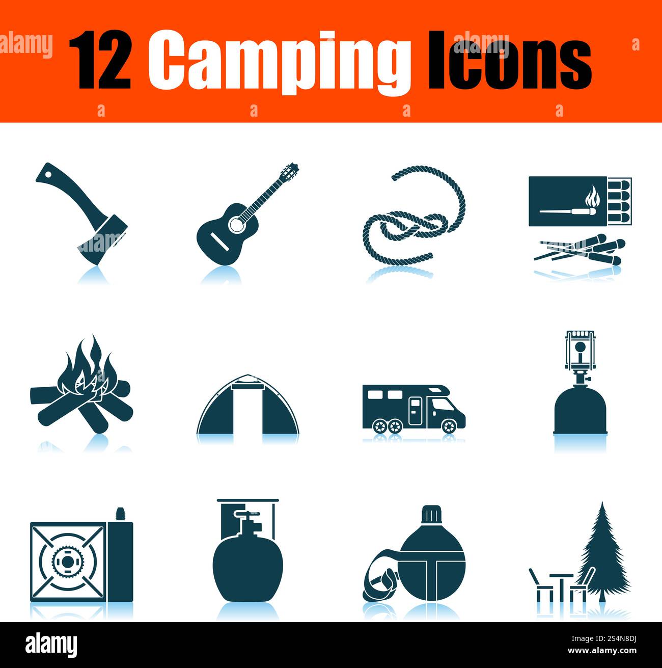 Camping Icon Set. Shadow Reflection Design. Vector Illustration. Stock Vector