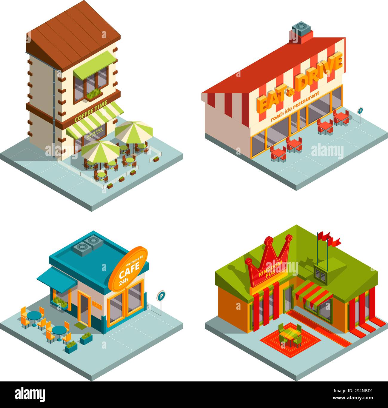 Restaurants and coffee houses. Isometric buildings restaurant, coffee ...