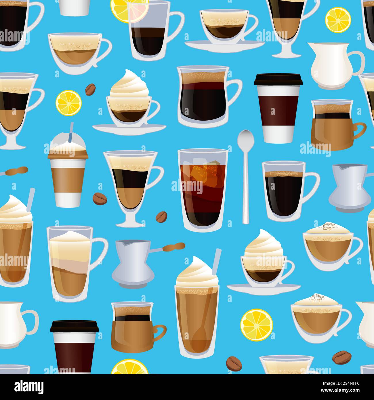 Vector cups filled with coffee or different drink pattern or background illustration. Vector cups filled with coffee pattern or background Stock Vector