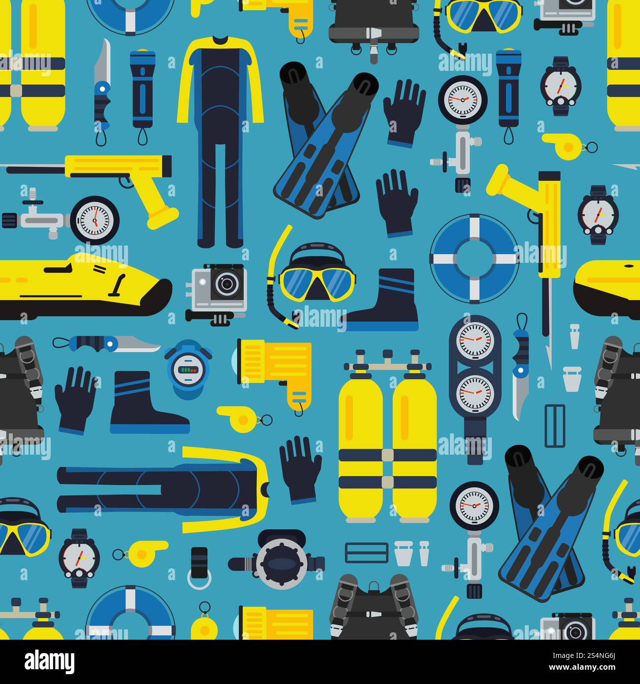 Vector underwater diving equipment pattern or background in flat style illustration. Vector underwater diving equipment pattern or background Stock Vector