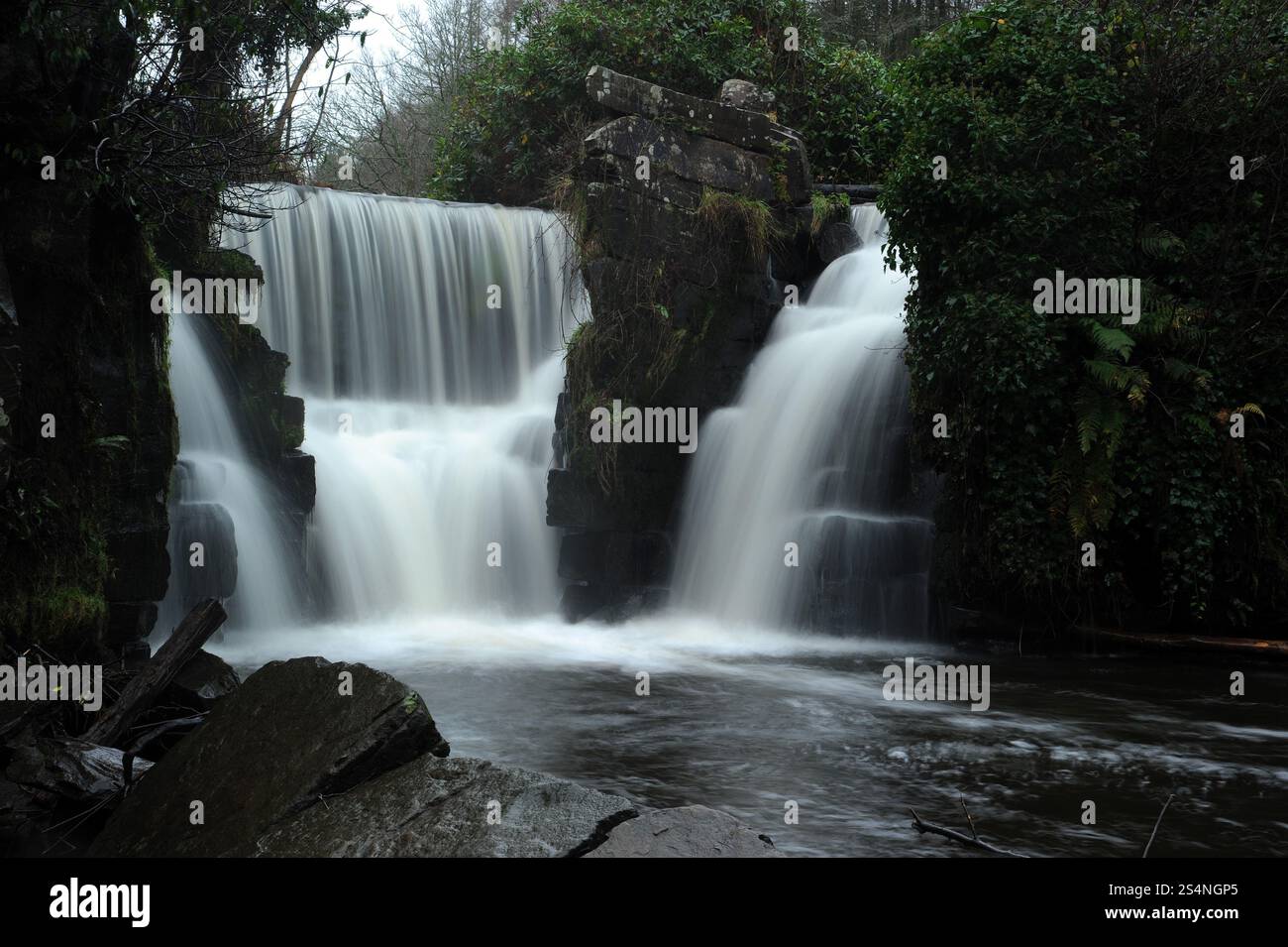 The man-made Penllergaer Waterfall. A drop of around 10 feet.Penllergaer Valley Woods. Stock Photo