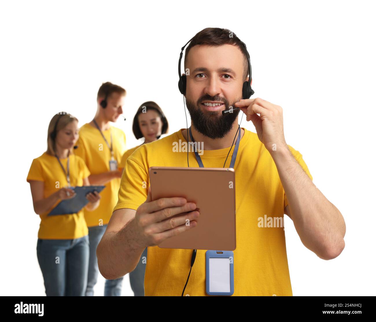Technical support call center. Team of friendly operators on white ...