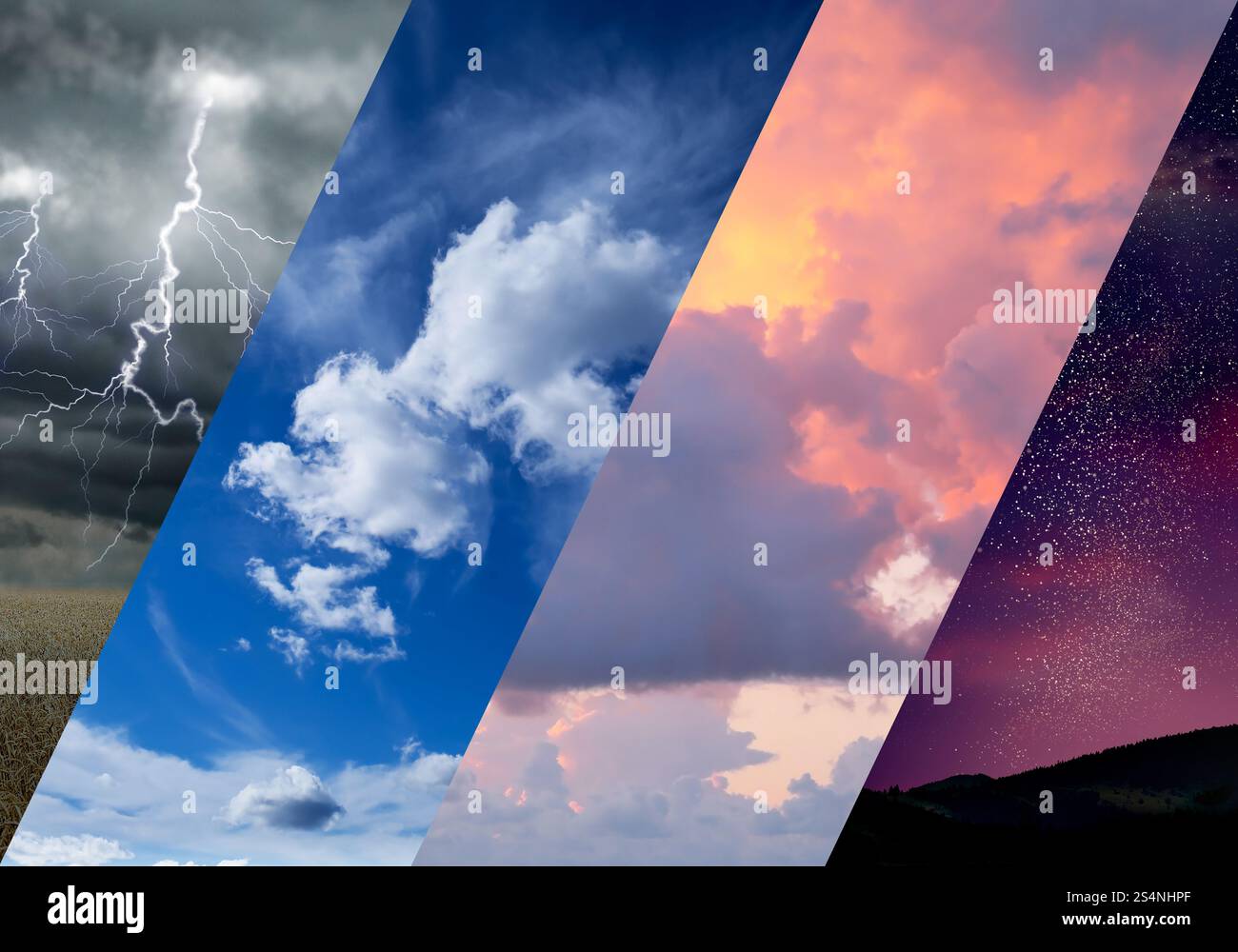 Sky in different weather and time of day, collage Stock Photo - Alamy
