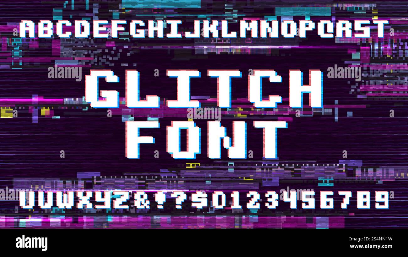 Retro pixel art font on display with tv noise glitch effect. Computer ...