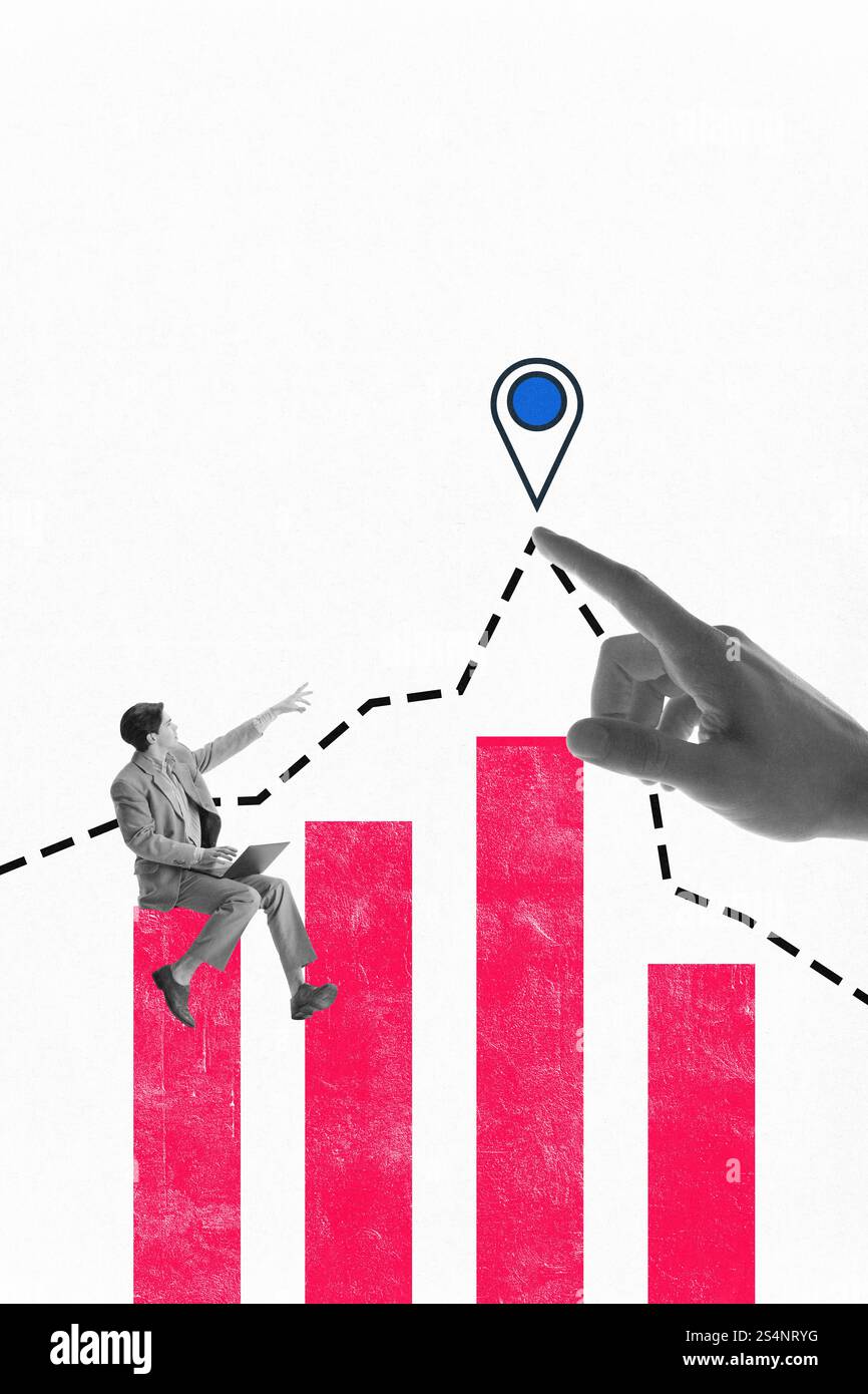 Businessman sitting on ascending bar graph while oversized hand points to location pin at peak, symbolizing goal-oriented strategy. Conceptual design Stock Photo