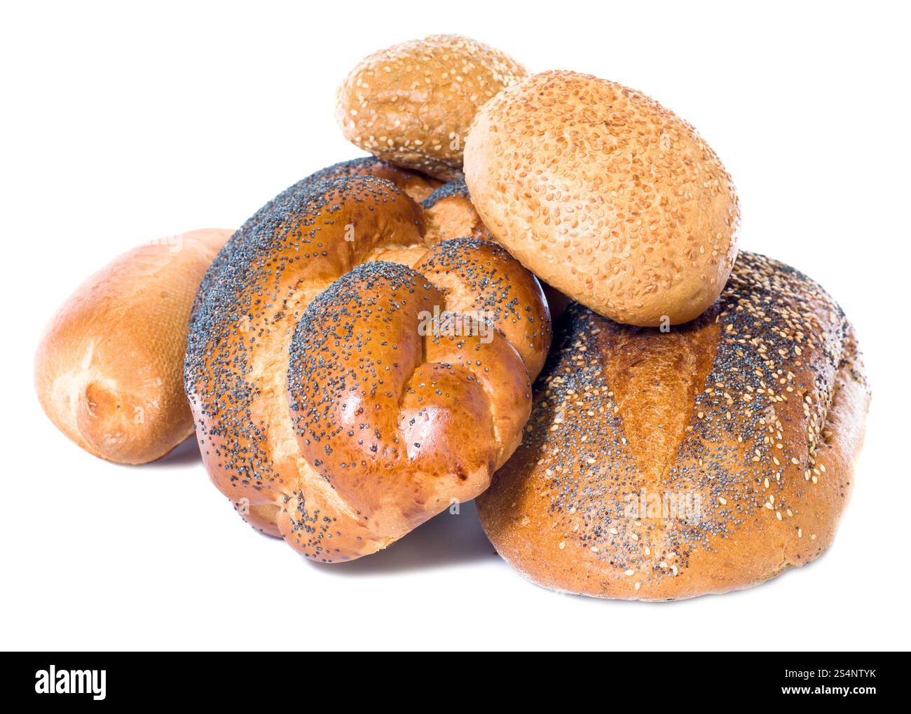 white twist long loaf, wheat bread and small roll pikelet isolated on white background Stock Photo