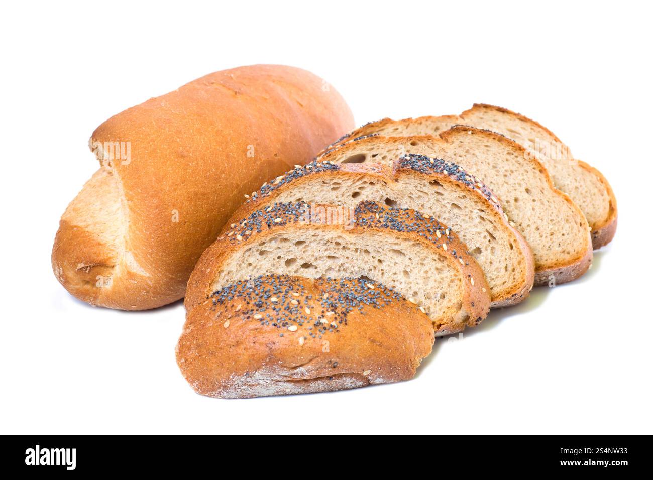 bun and slices of wheat bread isolated on white background Stock Photo ...