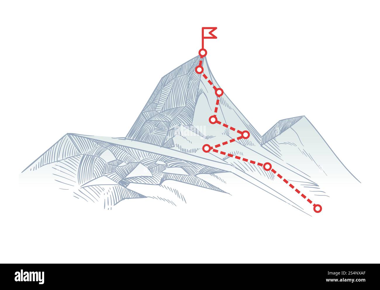 Mountain climbing route to peak. Business journey path in progress to ...