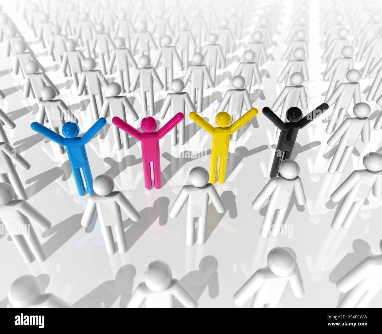 3D cmyk colored icon people between white people. 3D cmyk icon people Stock Photo