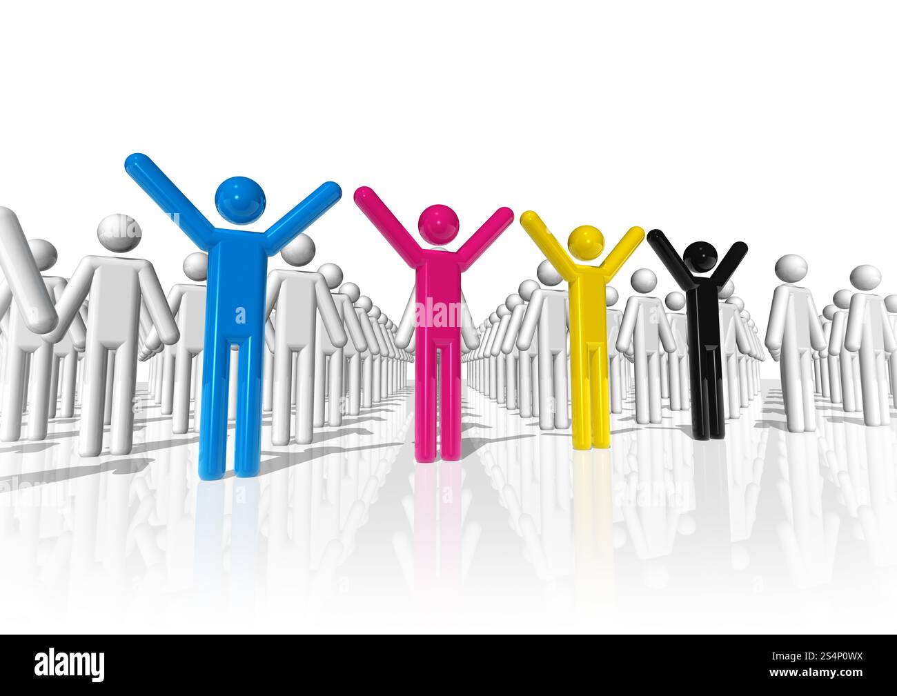3D cmyk colored icon people between white people. 3D cmyk icon people Stock Photo