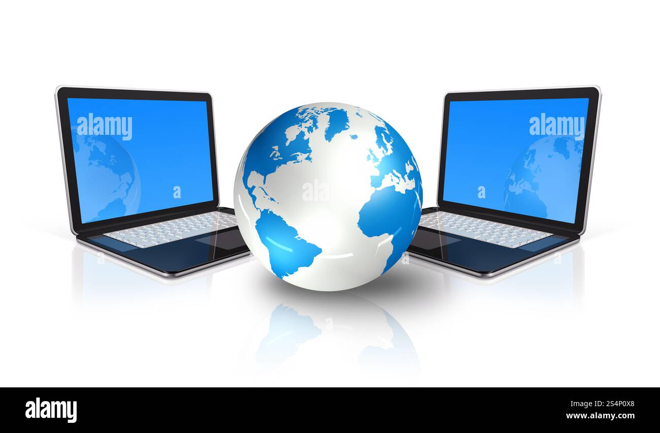 two 3D laptop computers around a world globe isolated on white. two ...