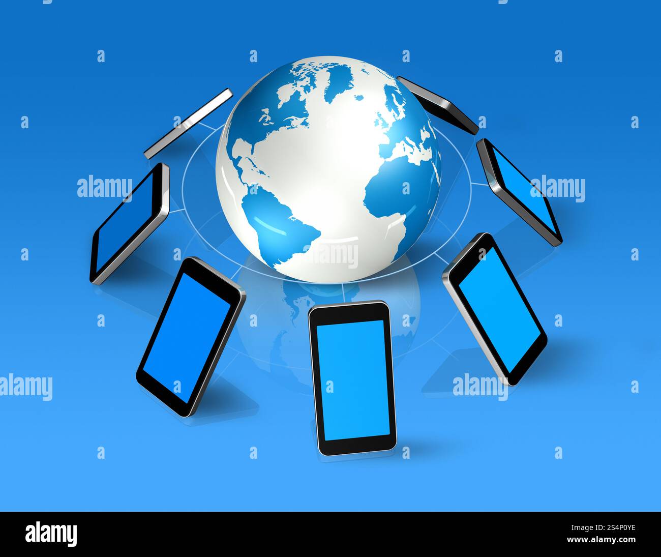 Around Mobile 3D isolated mobile phones around a world globe. 3D mobile phones around ...