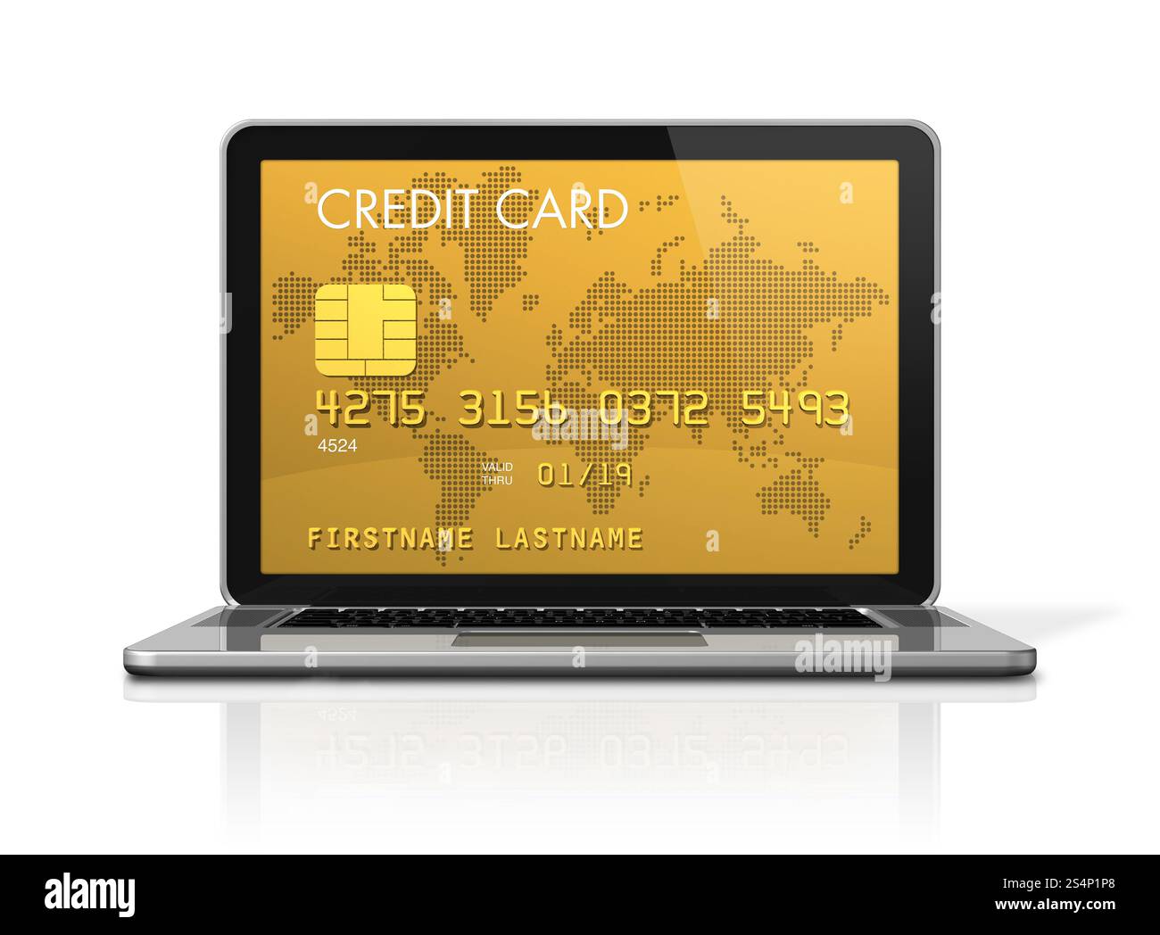 3D render of a gold credit card on a laptop screen- isolated on white with 2 clipping paths : one for global scene and one for the screen. gold Stock Photo